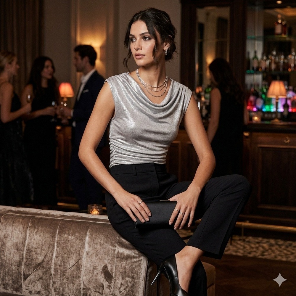 ZARA Draped Metallic Top (Sleeveless Cowl Neck‎ Ruched Side) Silver Small